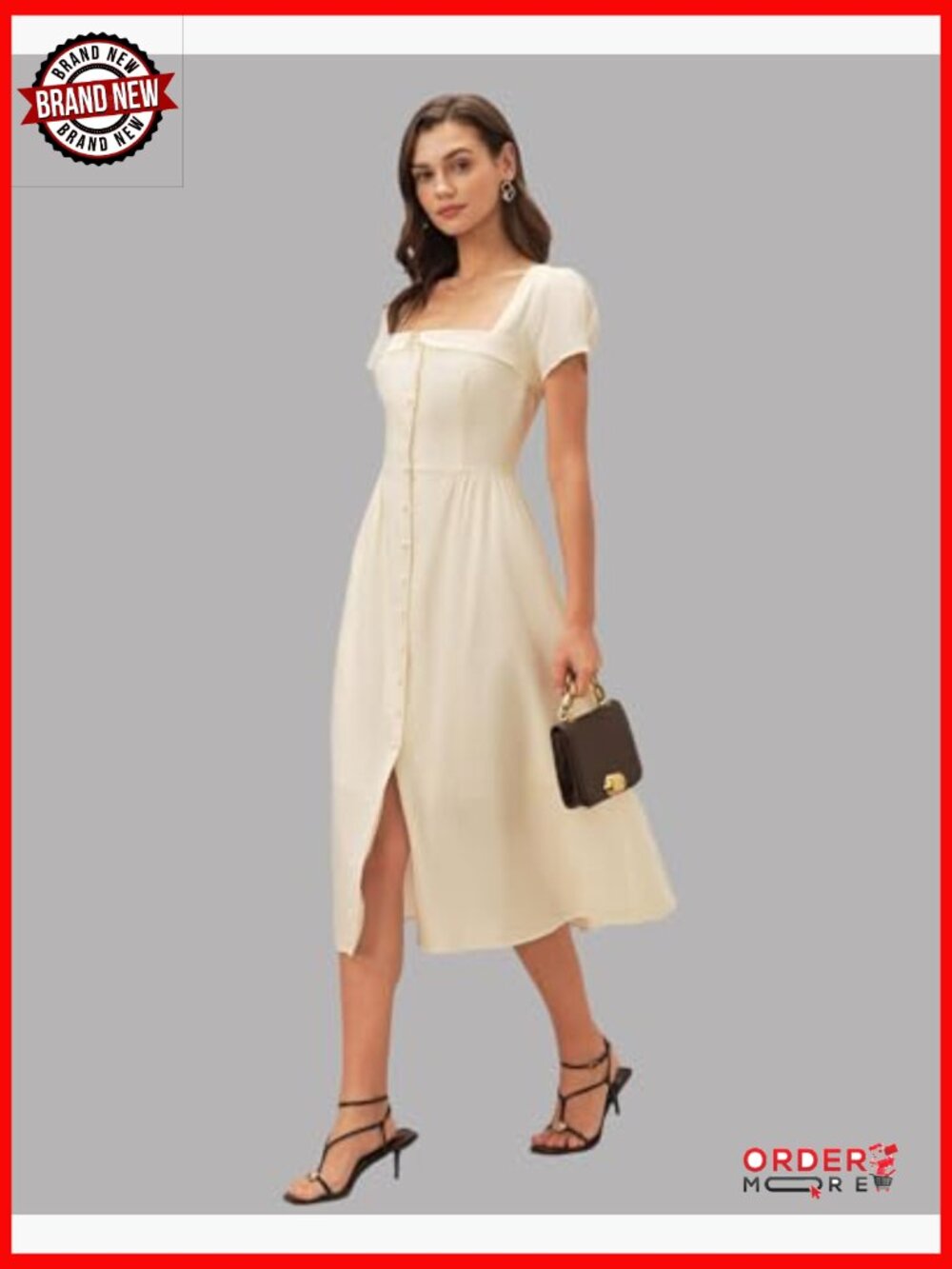 Short Sleeve Puff Square Neck A-Line Midi Dress - Picture 2 of 7